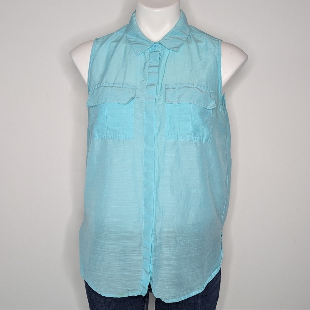 Banana Republic Factory Blue Collared Sleeveless Cotton Silk Blend Button Up S